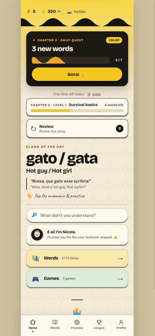 App screenshot: home screen with the guided lesson, chapter progress and slang of the day