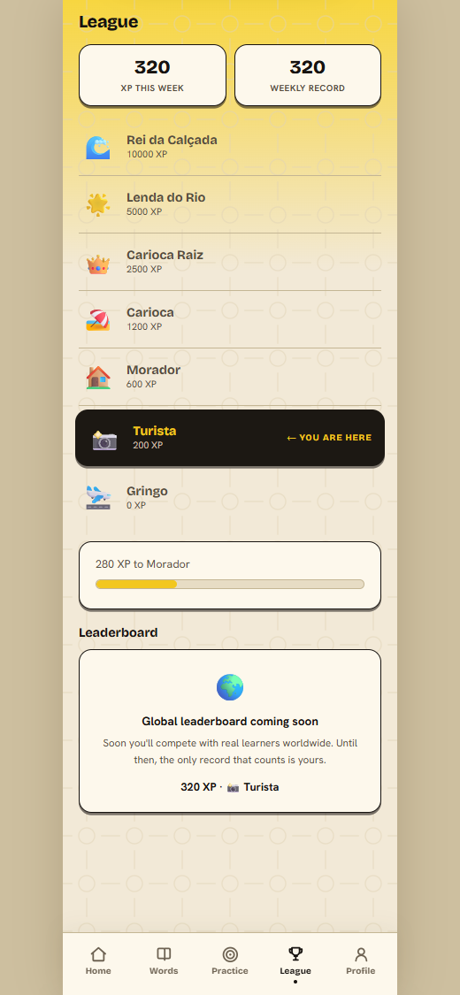 App screenshot: league ladder from Gringo to Rei da Calçada