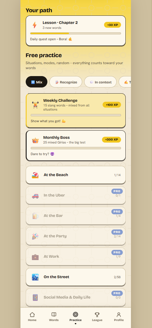 App screenshot: practice screen with your learning path and free practice by situation